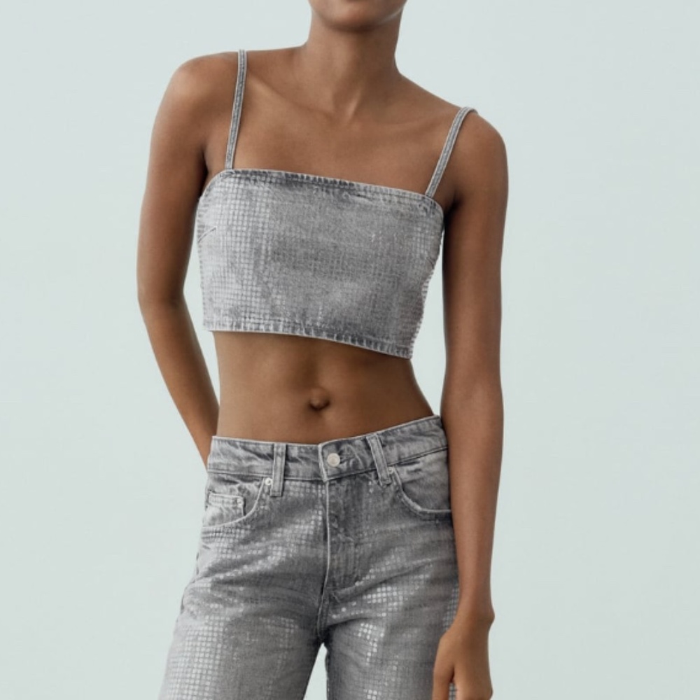 Zara light grey shiny denim crop foil sequin top made in Europe NWT